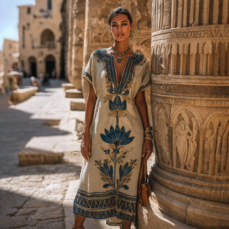 Women's Egyptian Lotus Art Casual V Neck Linen Maxi Dress