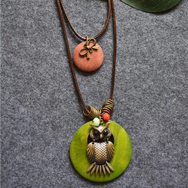 Double Wooden Owl Bow Long Necklace