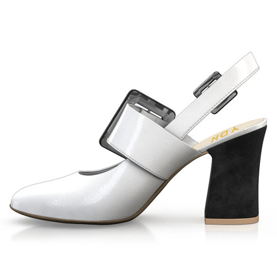 White & Black Round Toe Chunky Heel Patchwork Buckle Slingback Shoes
