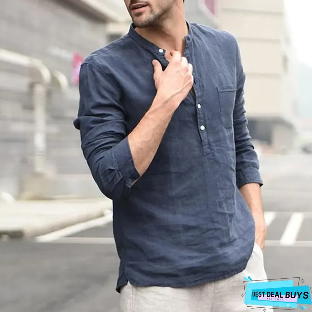 Men's Autumn Pullover Long Sleeve Fashion Stand Collar Shirt Linen