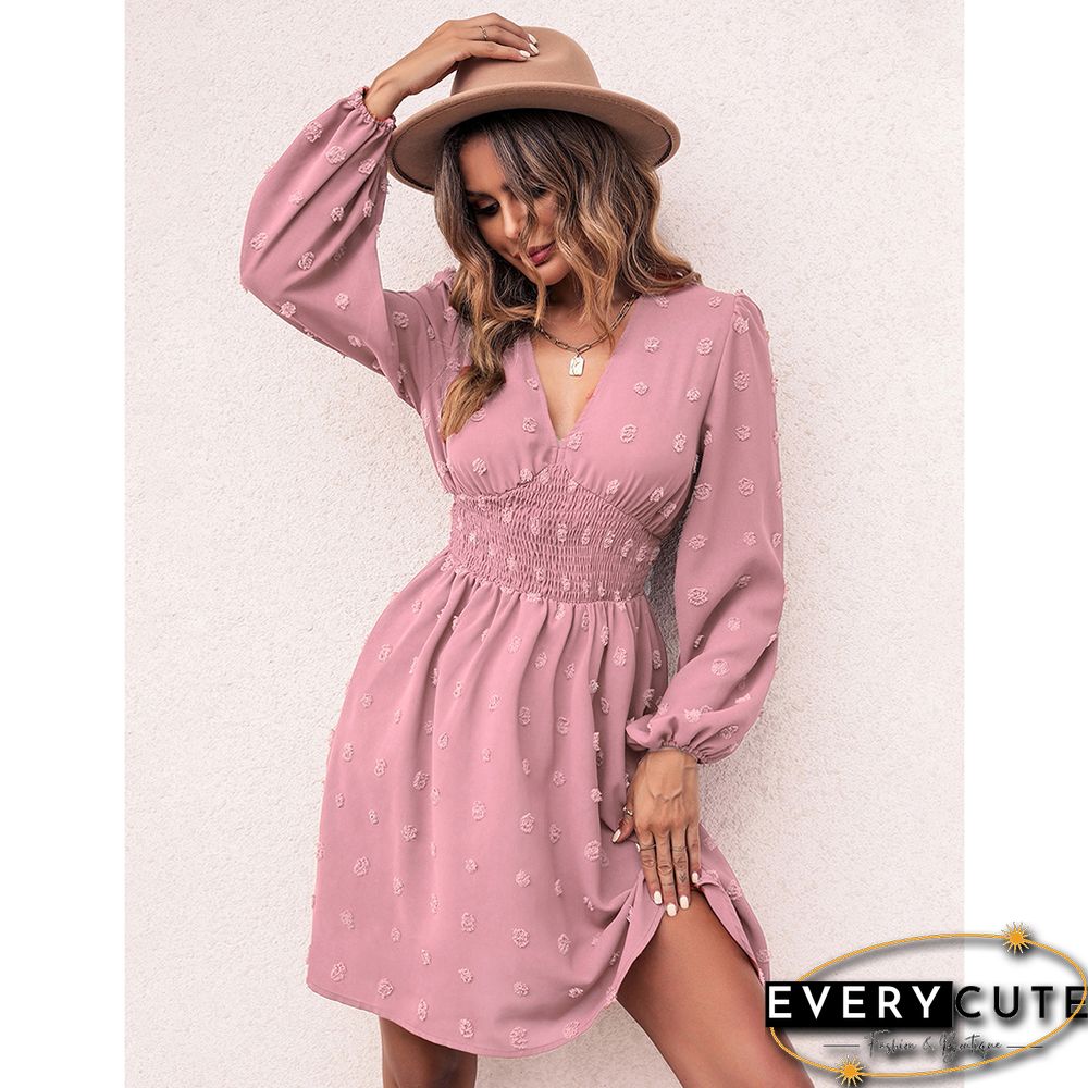Pink Jacquard Slim Fit A-line Long Sleeve Dress