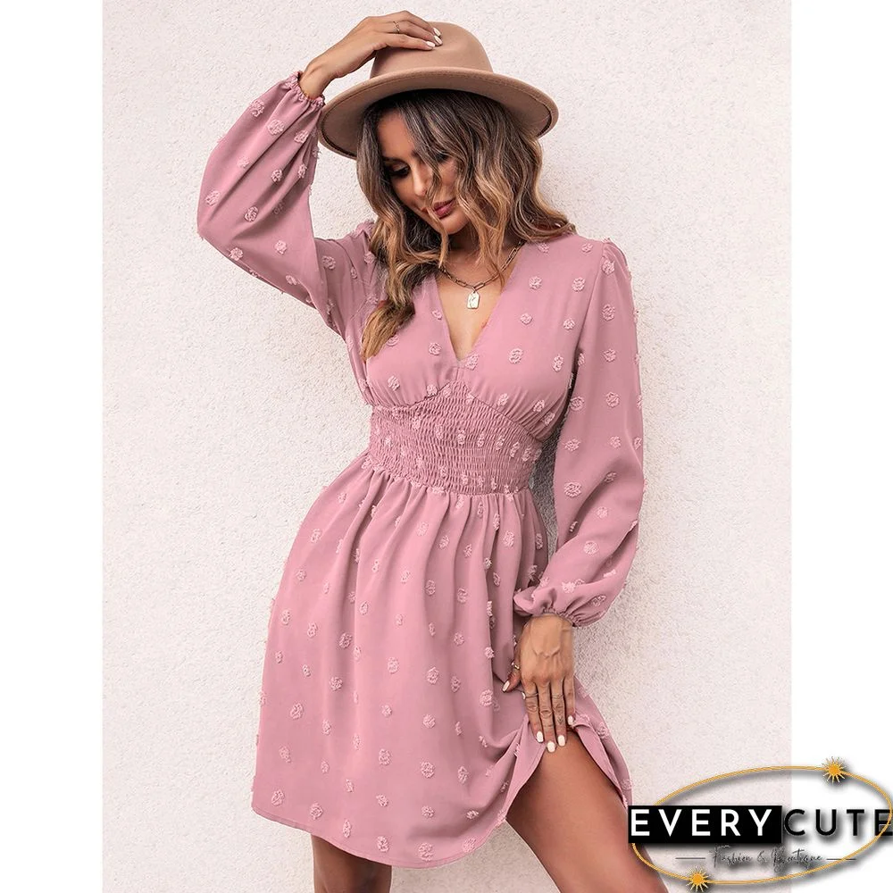 Pink Jacquard Slim Fit A-line Long Sleeve Dress