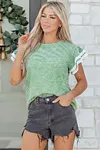 Women's Clearly Aqua Twilled Print Lace Trim Ruffled Short Sleeve Blouse T-shirt Top