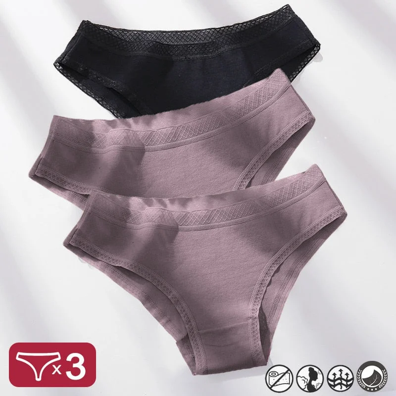 3PCS/Set Mesh Waistband Cotton Panties Women's Briefs Underwear Sexy Lingerie Panties Female Underpants Solid Color Girls Pantys