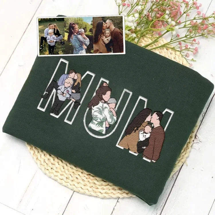 Custom Embroidered Sweatshirt Hoodie Mama and Kids Portrait with Photo - Mother's Day Gifts