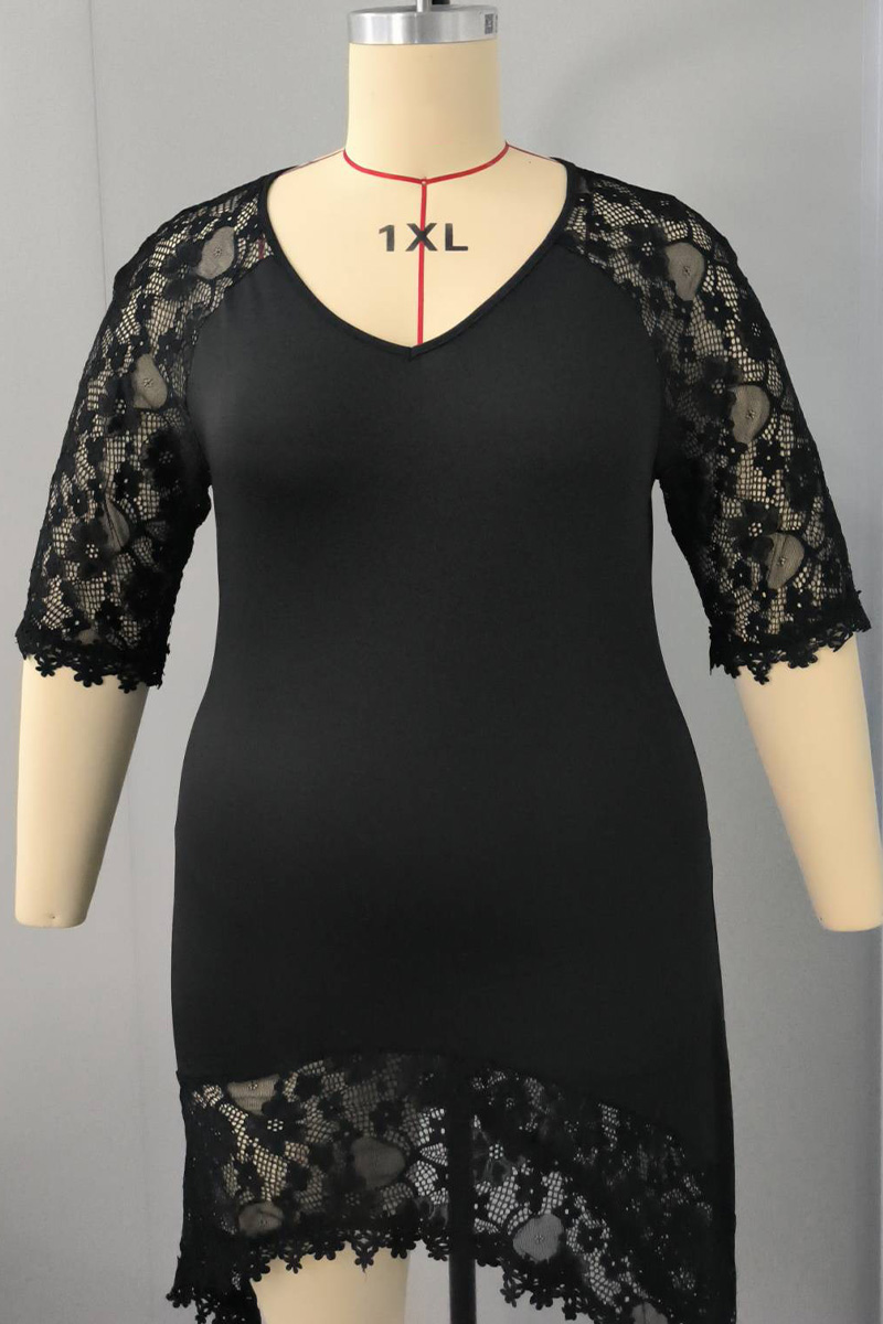 Plus Size Lace Stitching Asymmetrical Hem V Neck Blouses 2024 - Flycurvy 