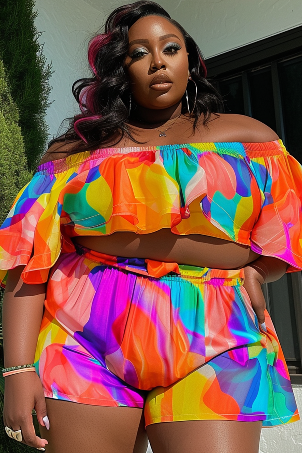 Design Plus Size Vacation Off The Shoulder Colorblock Two Pieces Crop Short Set [Pre-Order]