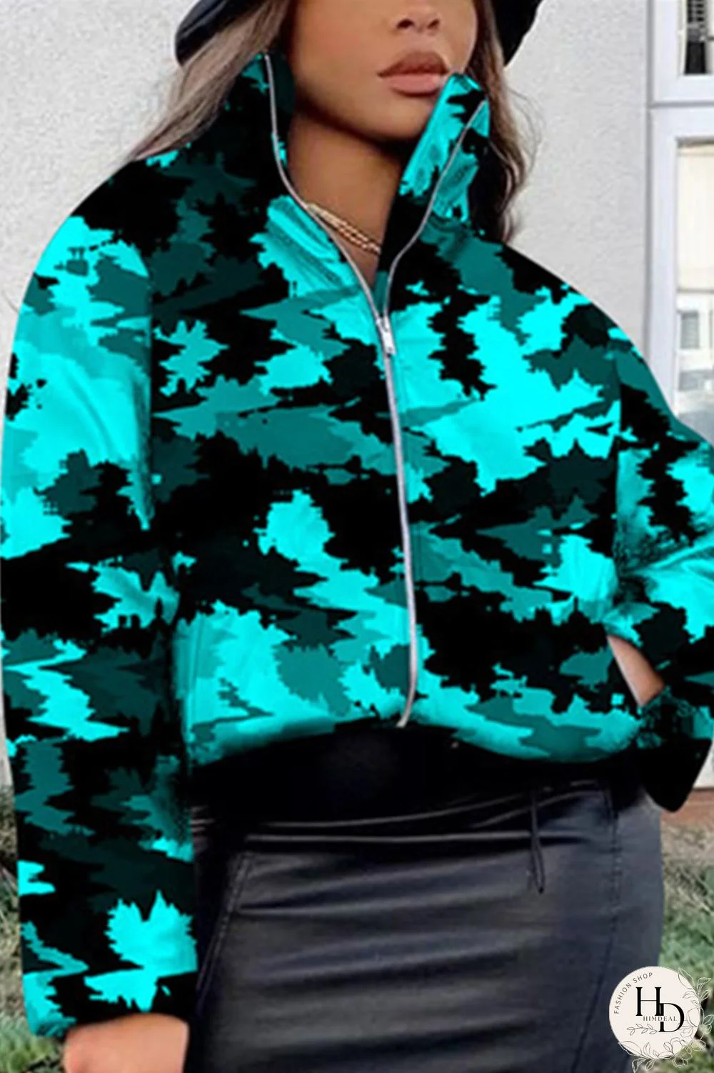 Cyanine Fashion Casual Print Basic Mandarin Collar Outerwear