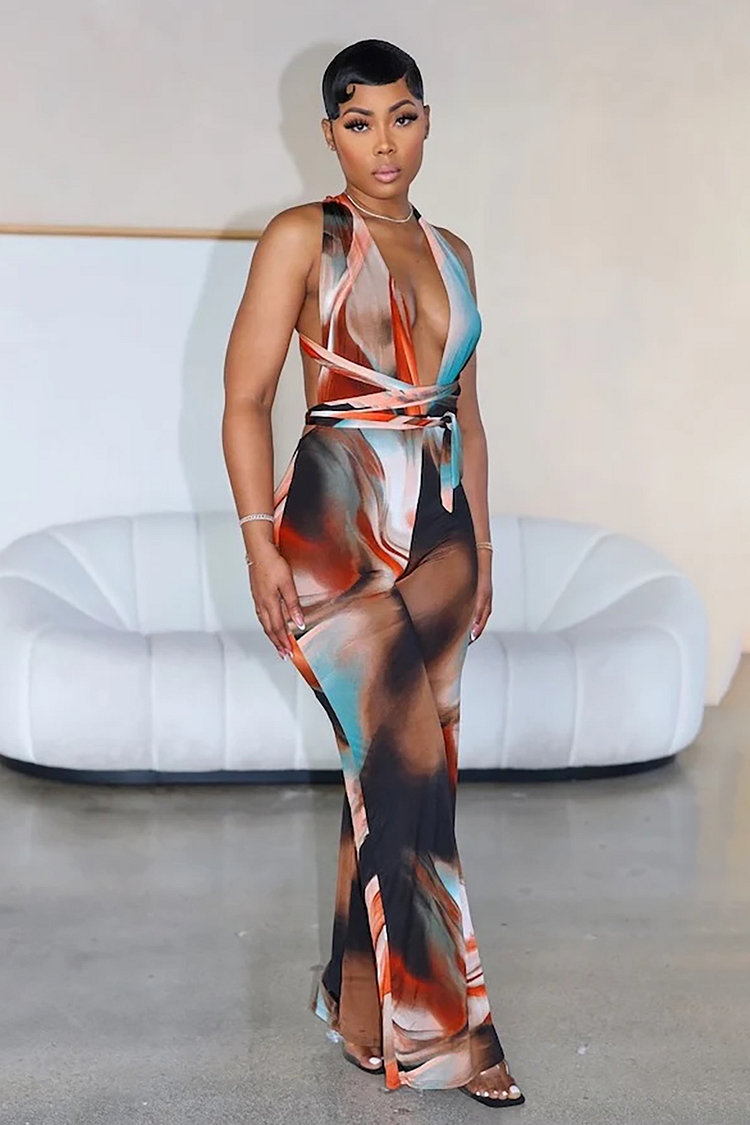 Multicolor Print Sleeveless Deep V Neck Tie Up Open Back Jumpsuit-Brown