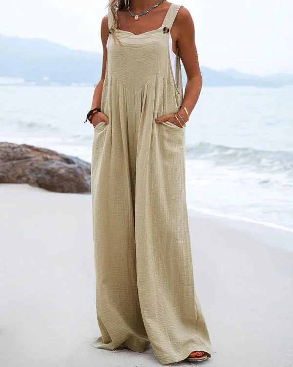 Casual Loose Solid Color Cotton and Linen Jumpsuit-