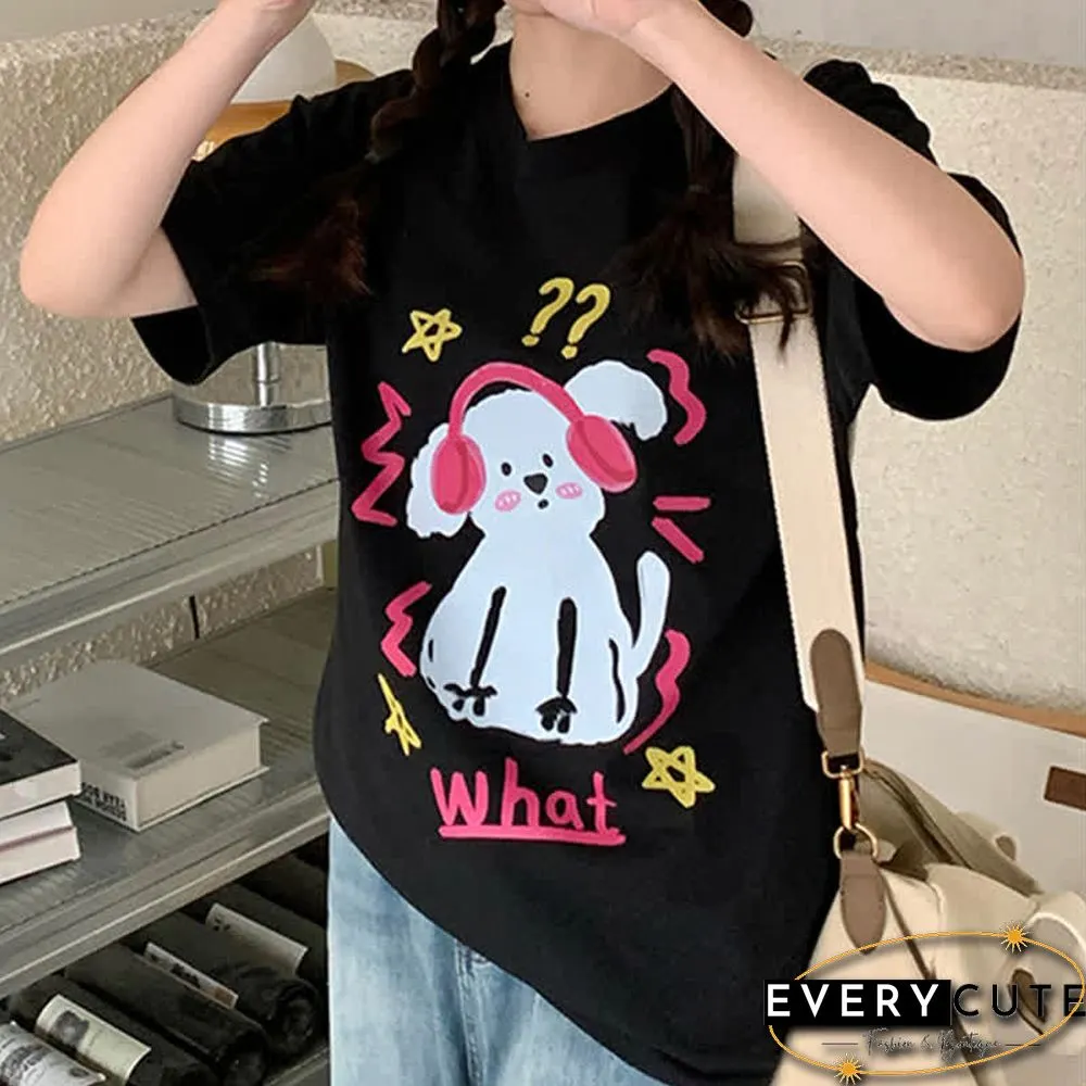 Kawaii Letter Puppy Print Round Collar Oversized T-Shirt