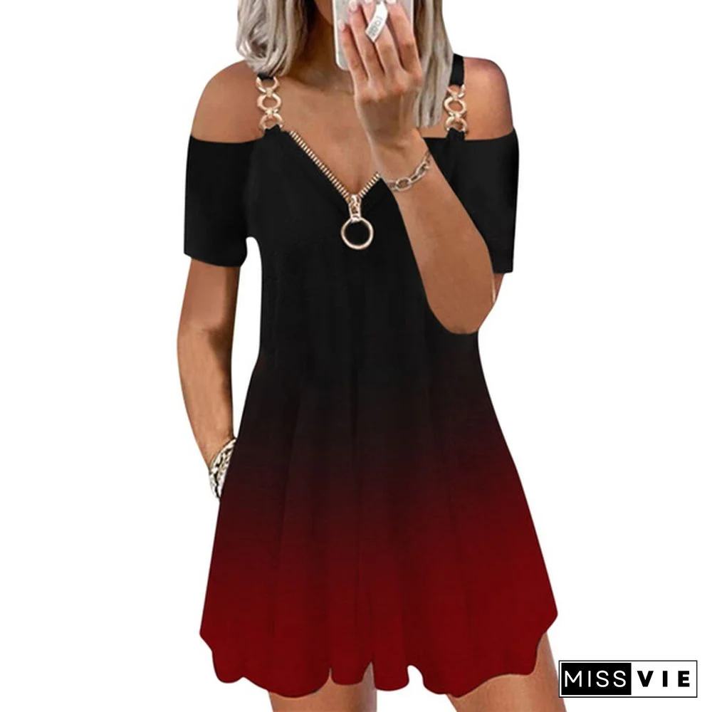 Off-shoulder Mini Skirt New Suspender Stitching Zipper V-neck Printed Dress Fashionable Loose Plus Size Ladies Dress