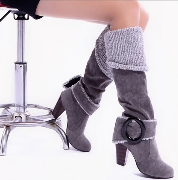New Arrival Casual Warm Suede Leather High-heel Boots for Women US Size 4.5-12 Black,Grey,Brown,Blue