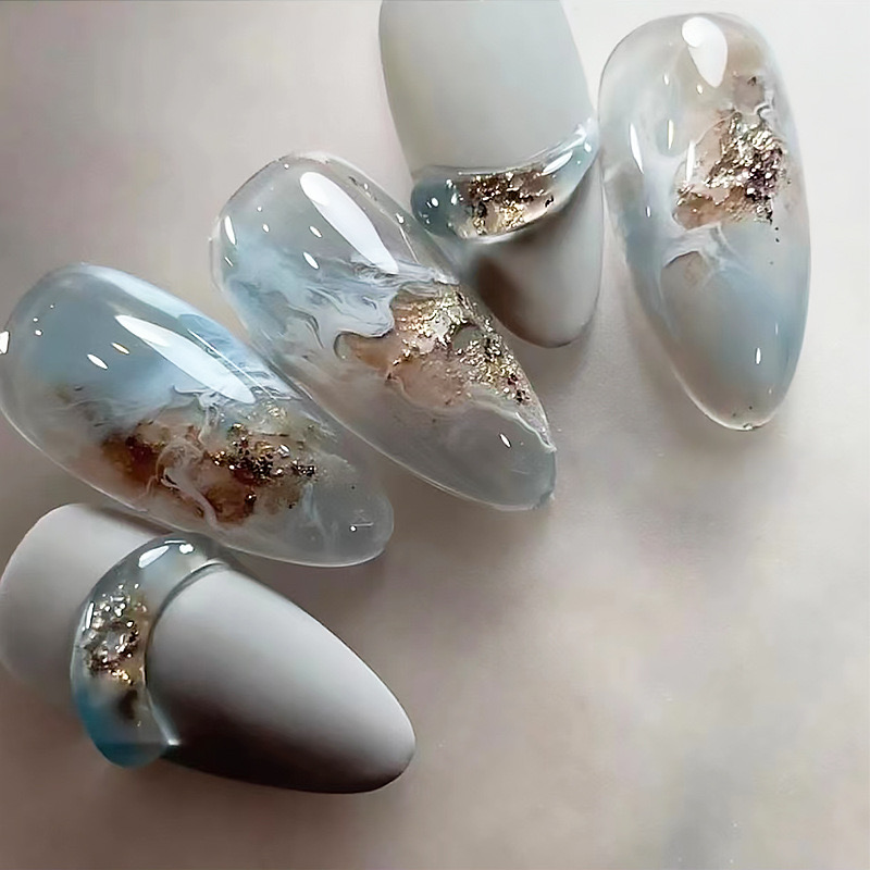 Bayuyun Spring Gel Nails – 24Pcs Light Blue Smudge Almond Gold Leaf Press on Nails Long Full Cover Tips  