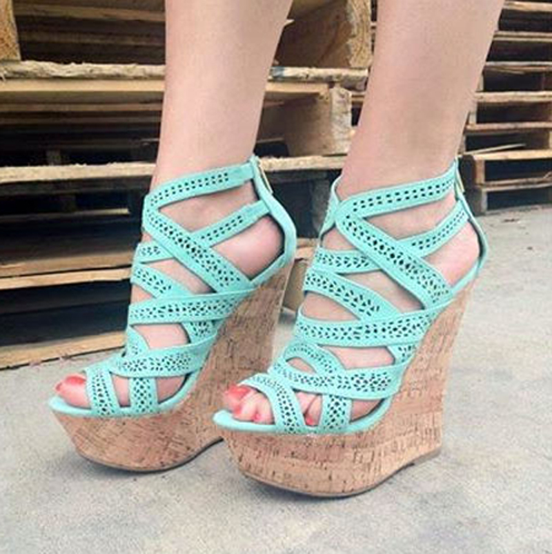 VCSHOES Floral Fretwork Strappy Wedge High Heels Sandals Women's Platform Ladies Gladiator Cross Strap Peep Toe Sandals Bottes