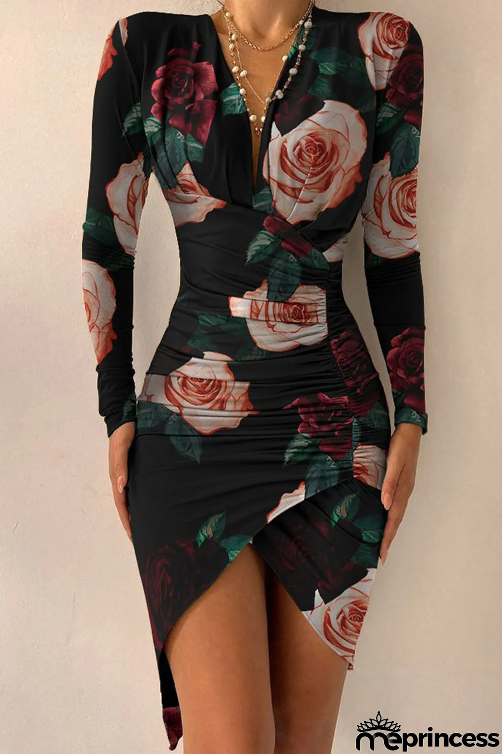 Leopard Print Sexy Print Split Joint Fold Asymmetrical V Neck Irregular Dress Dresses