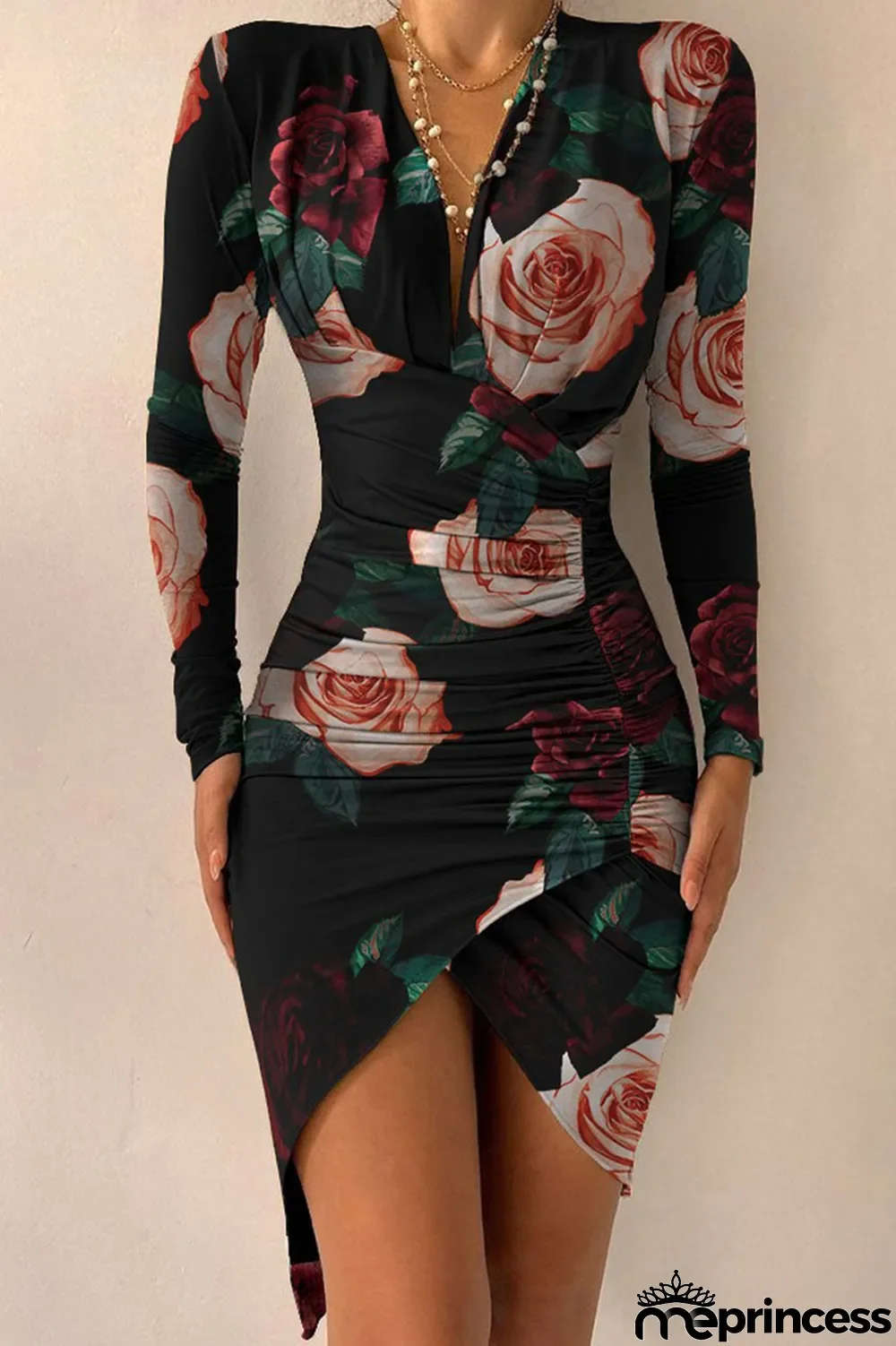 Leopard Print Sexy Print Split Joint Fold Asymmetrical V Neck Irregular Dress Dresses