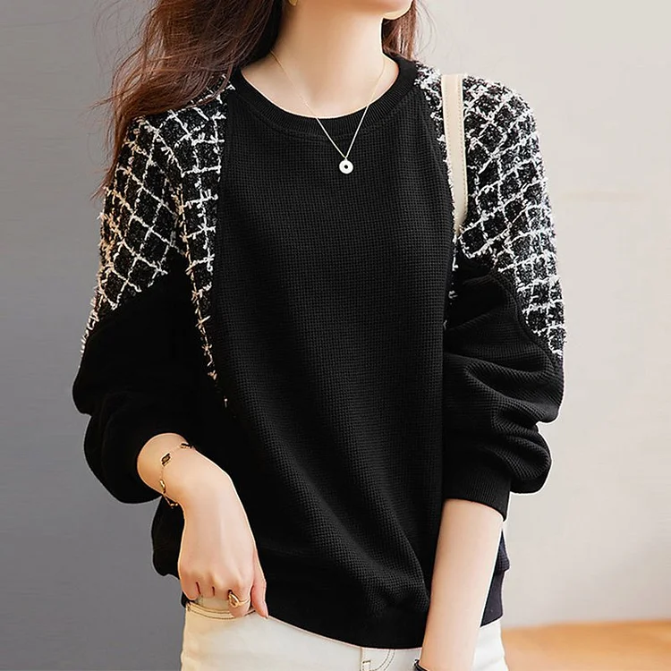 Black Casual Checkered/plaid Long Sleeve Sweatshirt QueenFunky