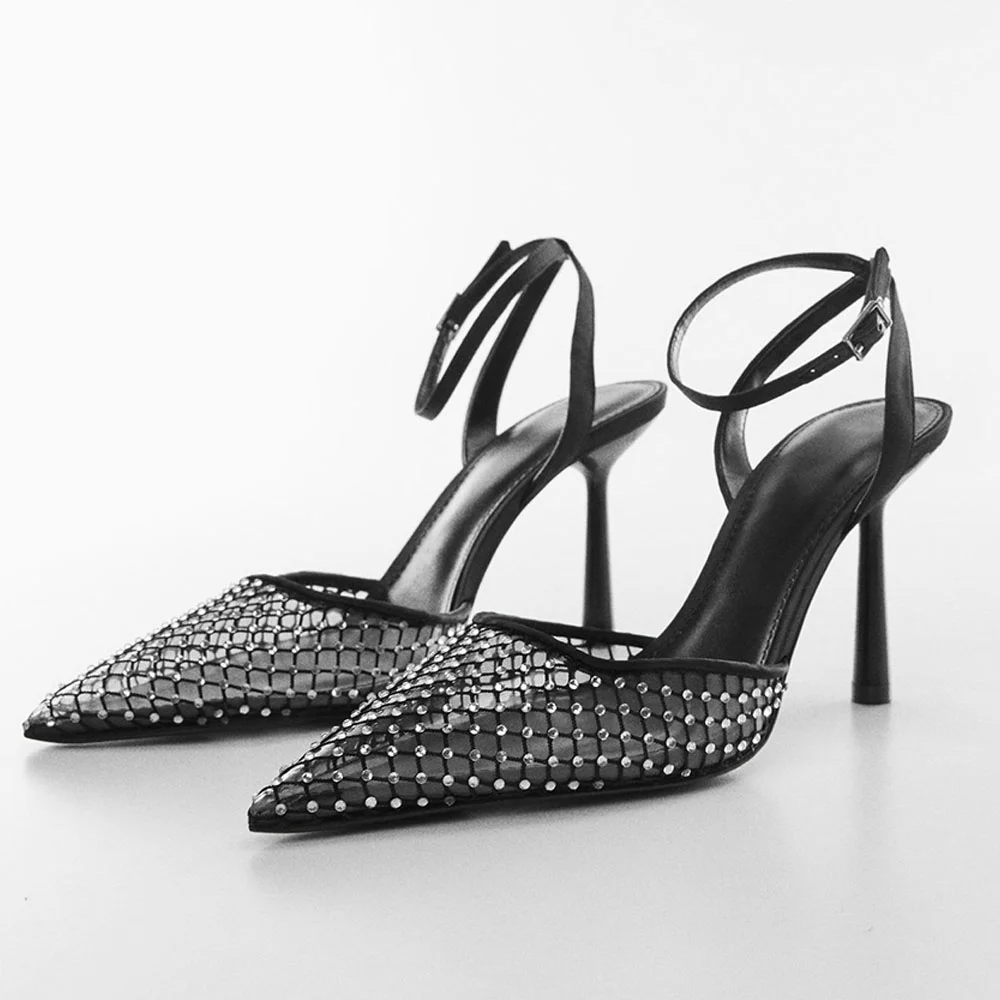 Black Vegan Leather , Mesh & Clear Pointed Toe Rhinestone Ankle Strappy Pumps With Stiletto Heels Nicepairs