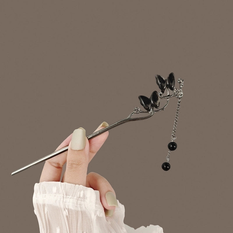 Women’s Chinoiserie Retro Flower Butterfly Fish Tail Alloy Tassel Inlay Pearl Hairpin