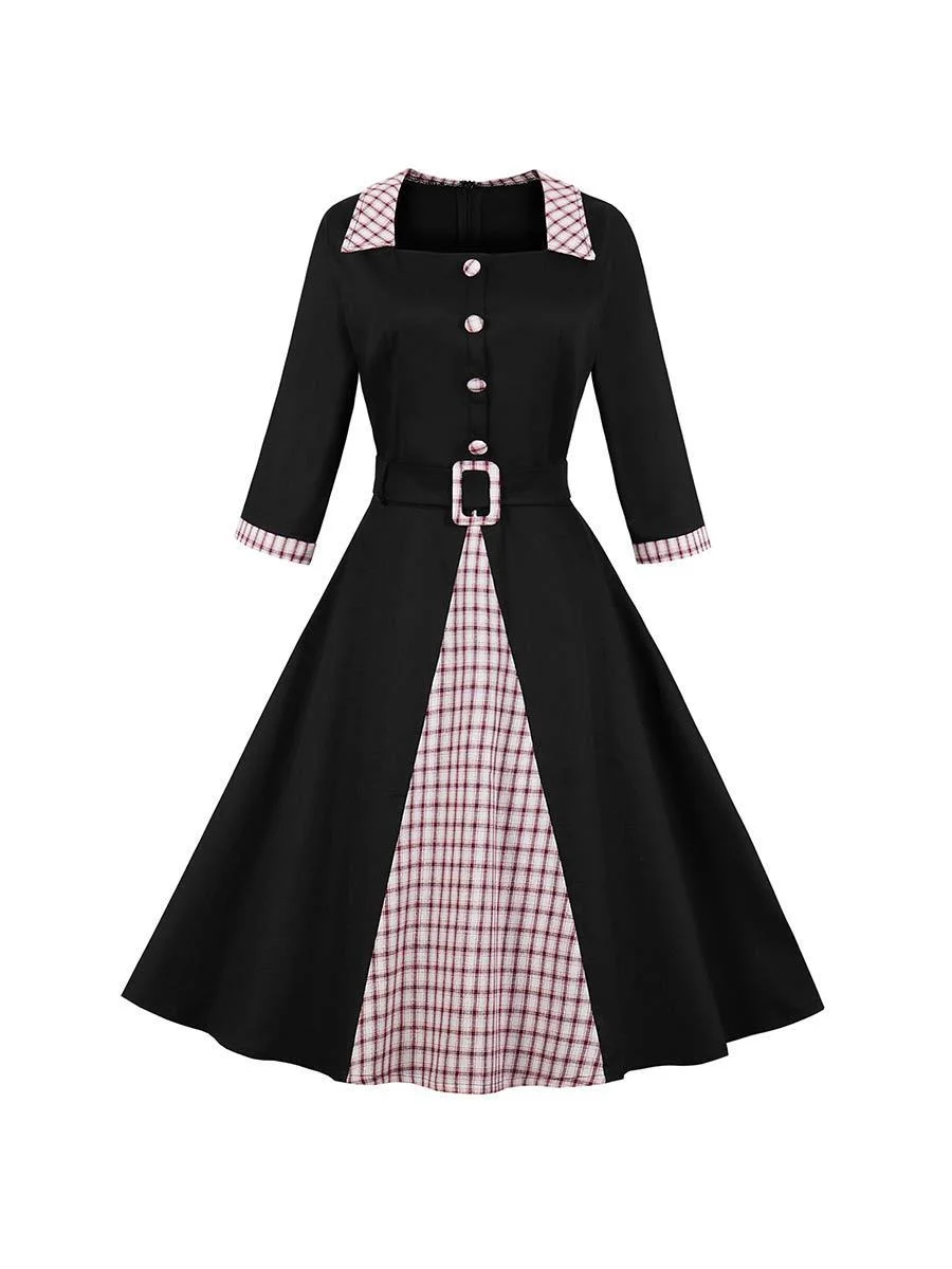 Vintage Dress Lapel Plaid Stitching Swing Dress With Belt