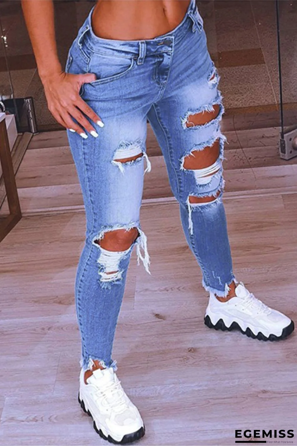 Baby Blue Fashion Casual Solid Ripped Low Waist Regular Jeans | EGEMISS