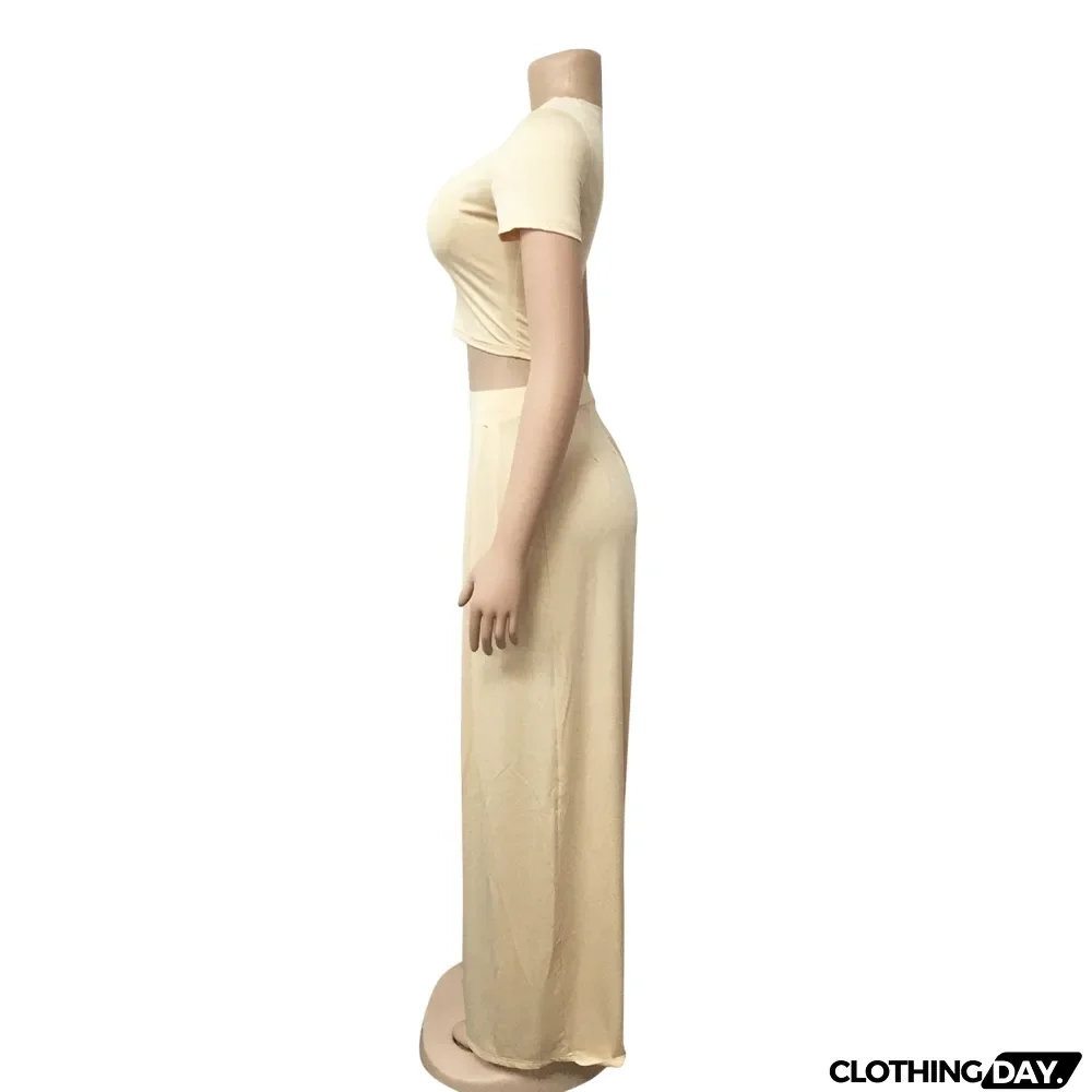 Summer Sexy Plain Crop Top and Pleated Loose Pants Set