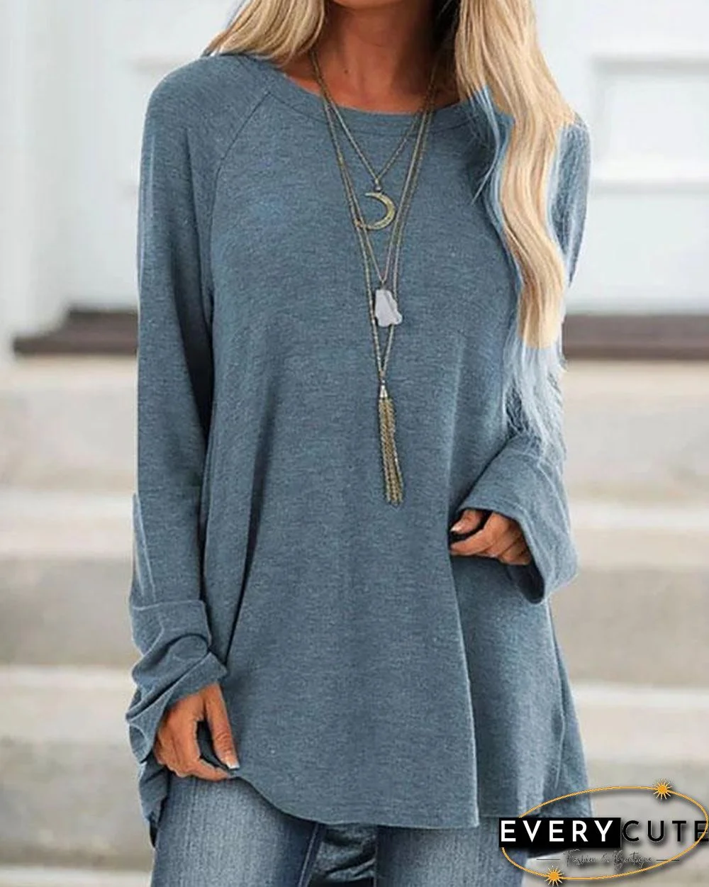 Gray Cotton Casual Crew Neck Solid Shirts & Tops