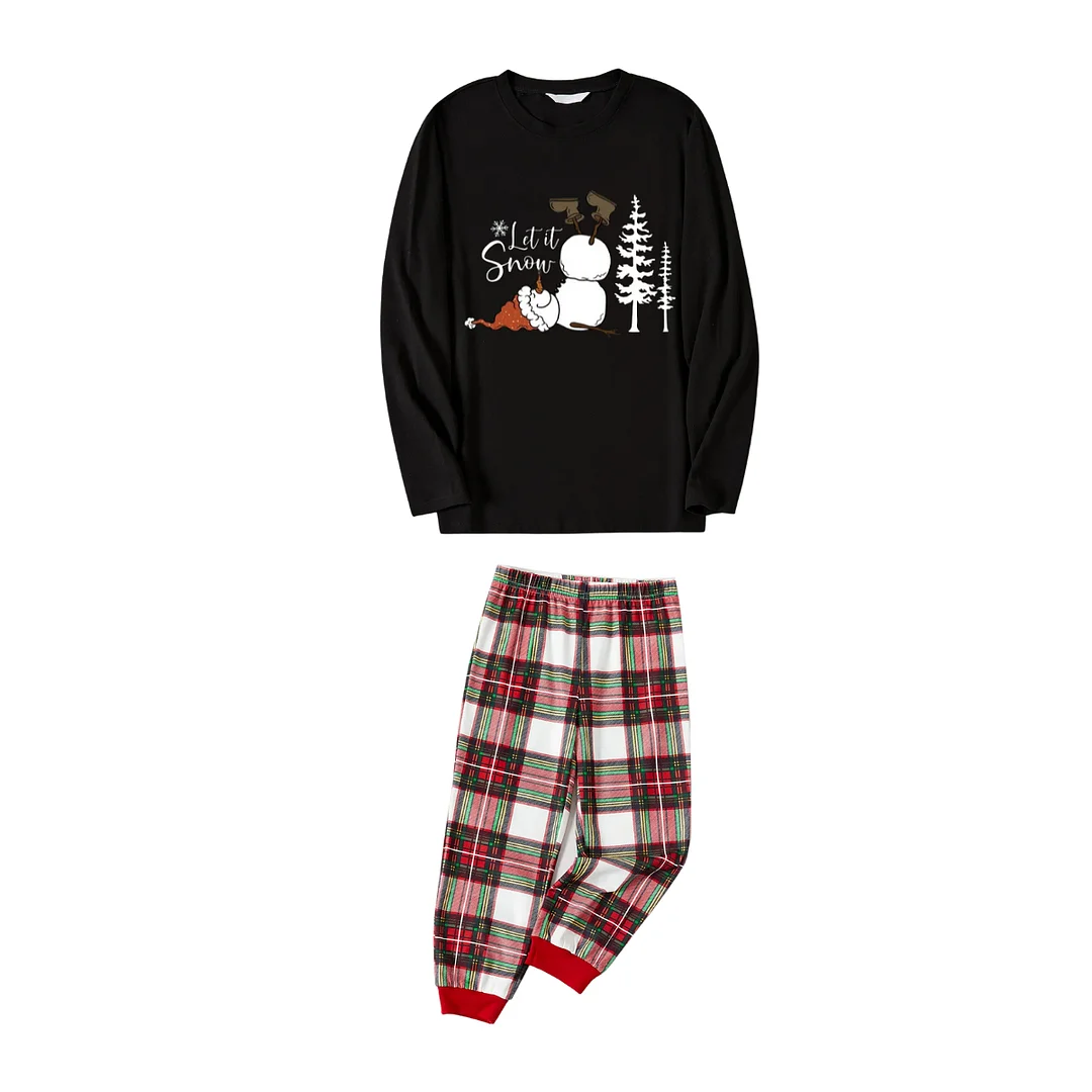 "Let it Snow" Snowman Pattern Black Top with Red & White & Green Plaid Pants Family Matching Pajamas