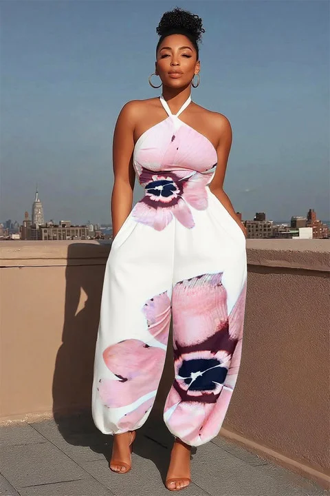 Floral Print Halter Cinched Vacay Tapered Leg Jumpsuit-White [Pre Order]