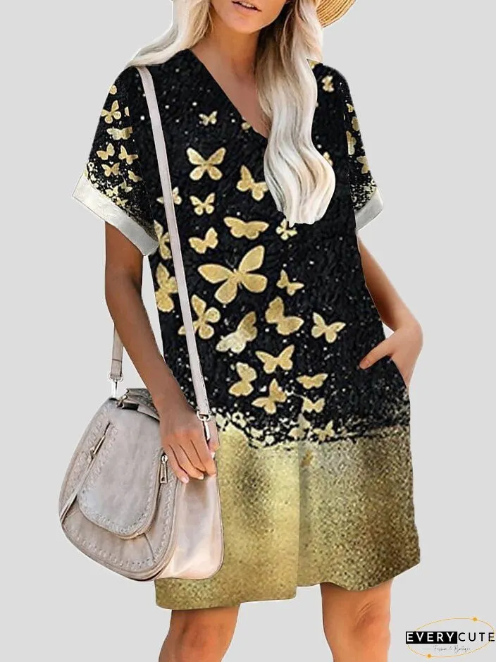 Dresses Printed V-Neck Pocket Short Sleeve Dress for Women