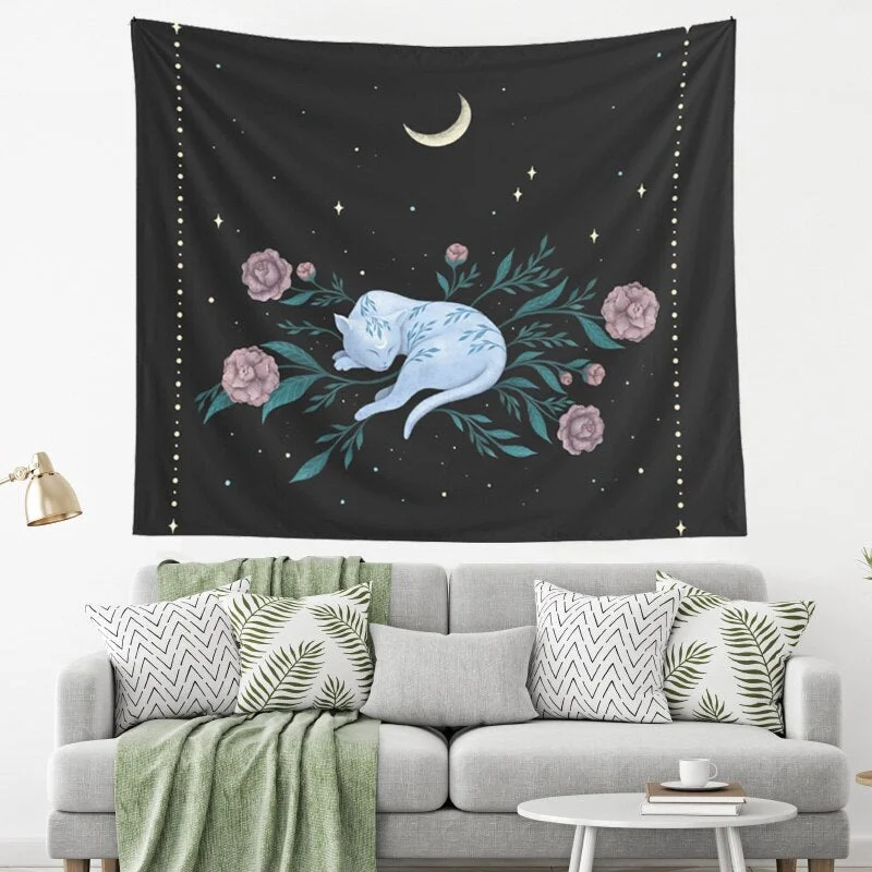 Moon Flower Butterflies Tapestry Wall Hanging Tapestry Boho Celestial Floral Aesthetic Black Art Blanket For House Decoration