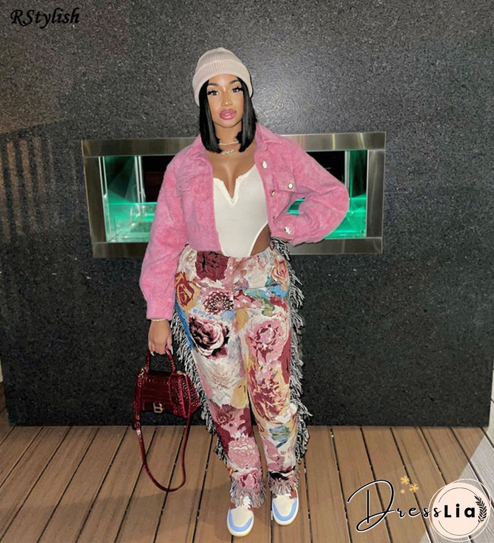 Side Tassels Patchwork Elastic Waist Women Print Jogger Pant