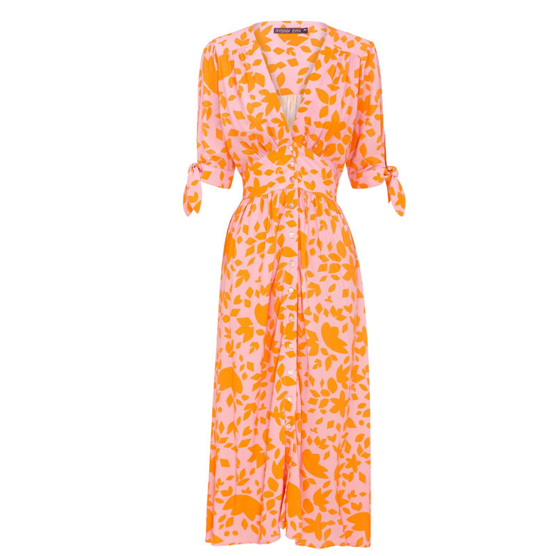 Mature Women Sleeves Single-breasted Printed Dress
