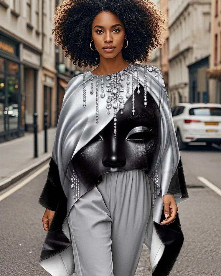 Black Personality Print Long Sleeve Shirt with Irregular Hem