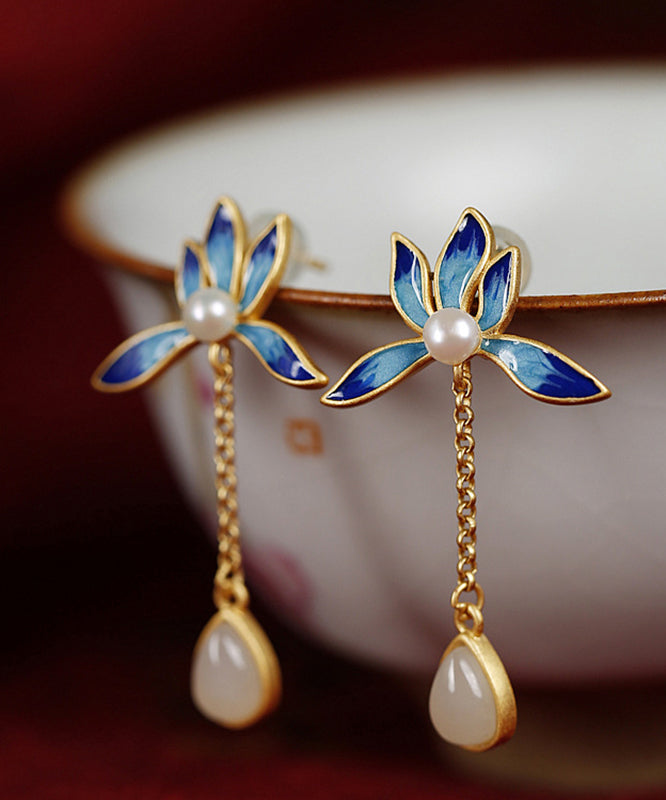 VCSHOES Blue Lotus Inlaid Jade Drop Earrings