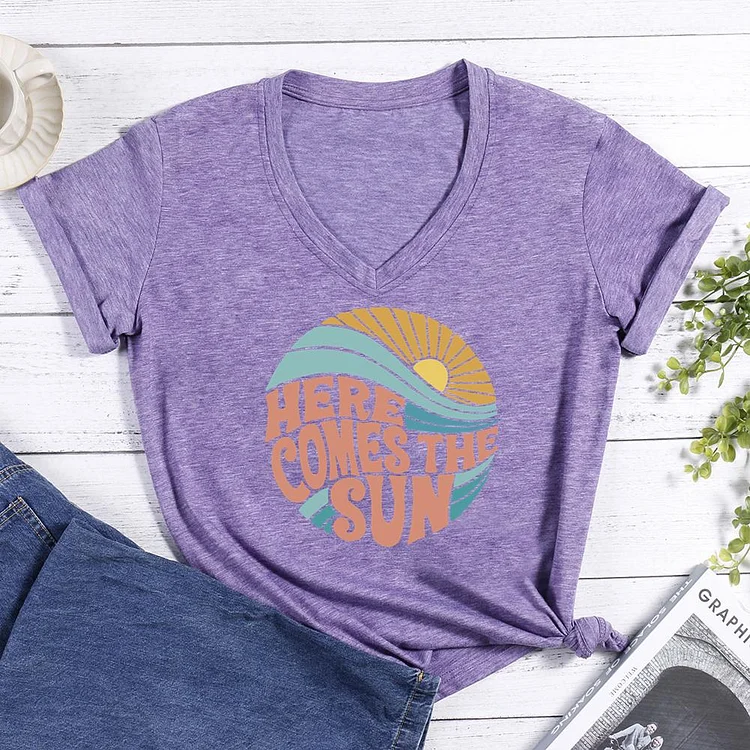 here comes the sun Summer V-neck T Shirt-Annaletters