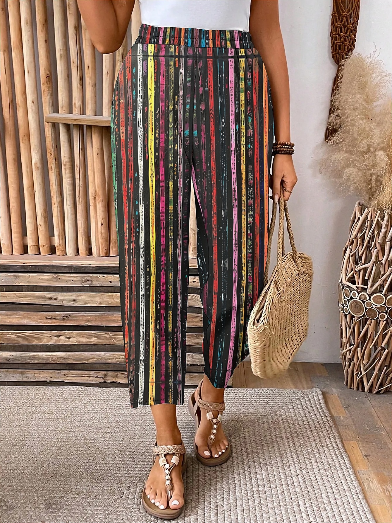 Plus Size Elastic Waist Boho Chic Stripes Printed Pants