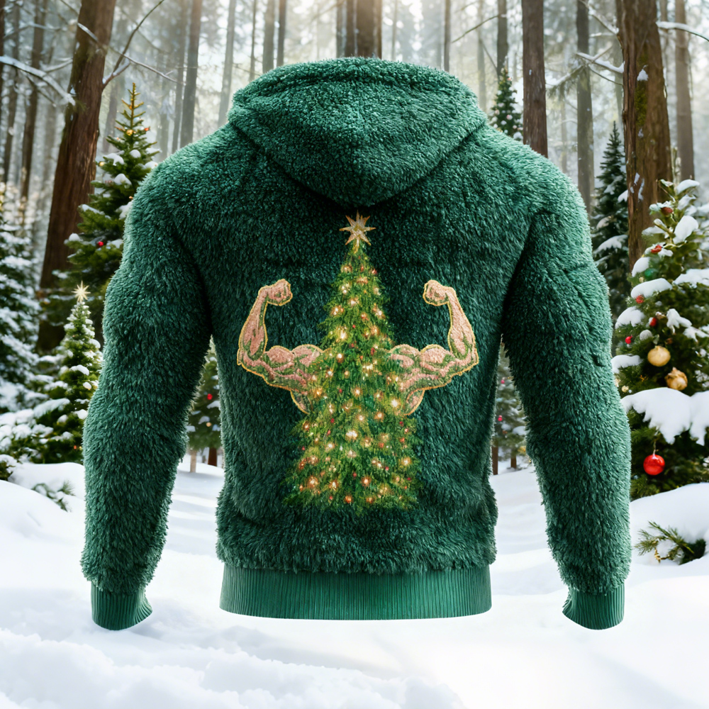 Muscle Christmas Tree Pattern Design Men's Hooded Flannel Sweatshirt elevenforest