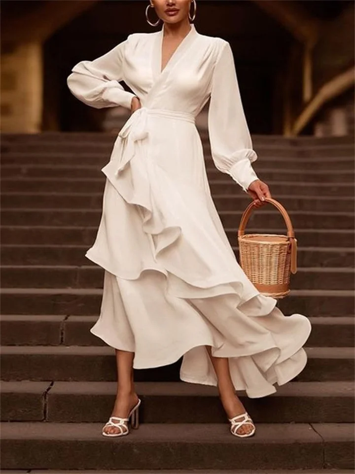Spring and Summer New Deep V Sexy Solid Dress Long Skirt White Dresses