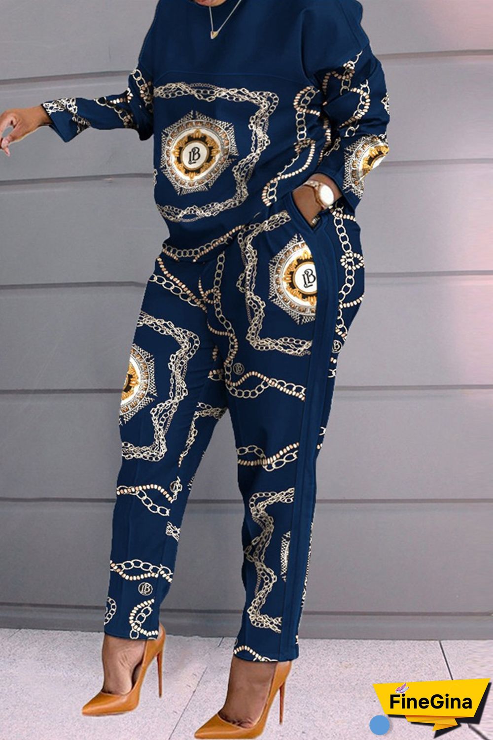 Blue Fashion Casual Print Patchwork O Neck Long Sleeve Two Pieces