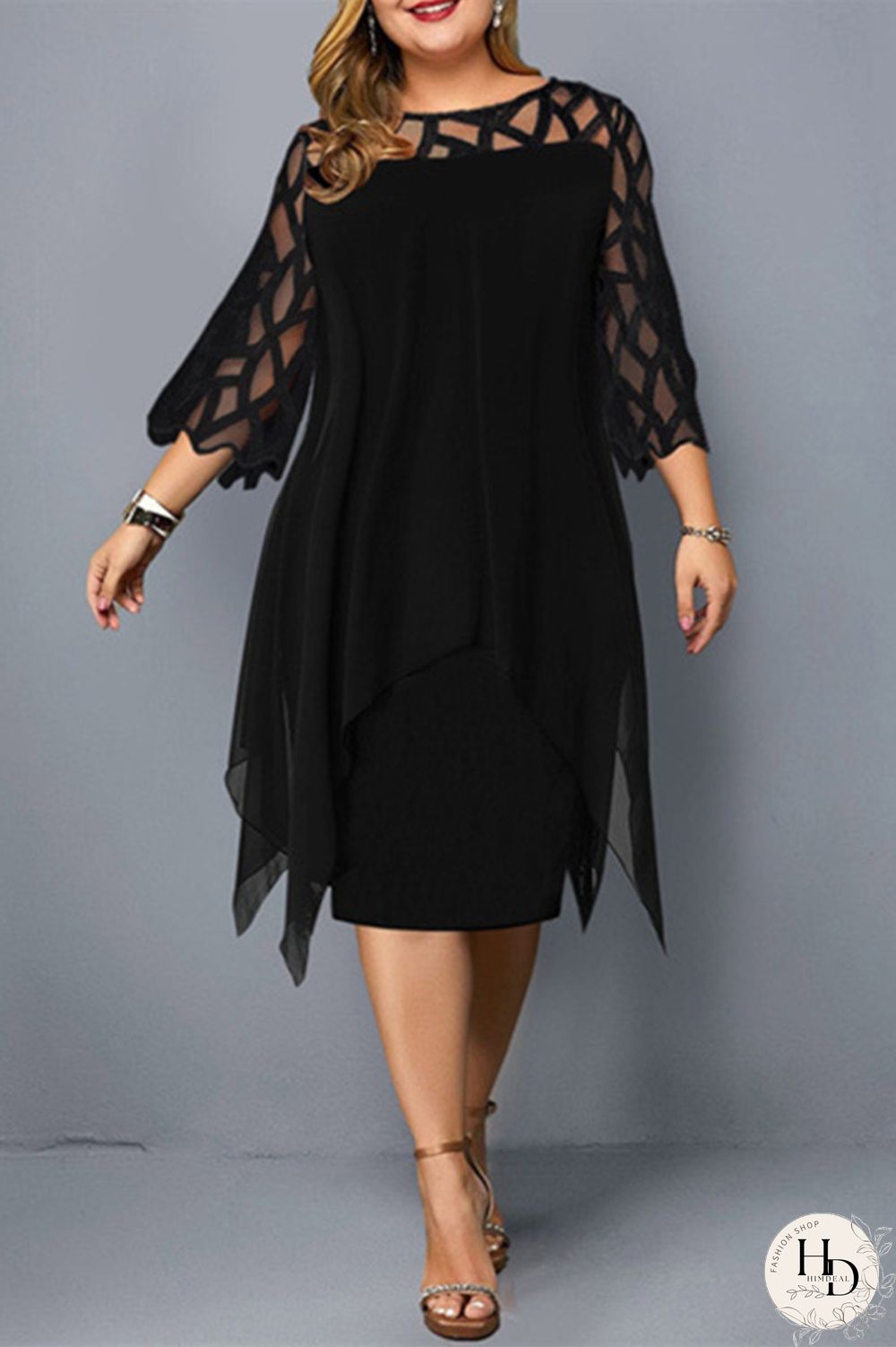 Black Casual Solid Patchwork O Neck One Step Skirt Plus Size Dresses