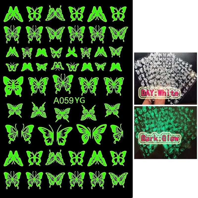 Luminous Fire Nail Art Stickers Glow In Dark Nail Decals Moon Butterfly Transfer Manicure Design Night Light Stickers-Nail Inspo