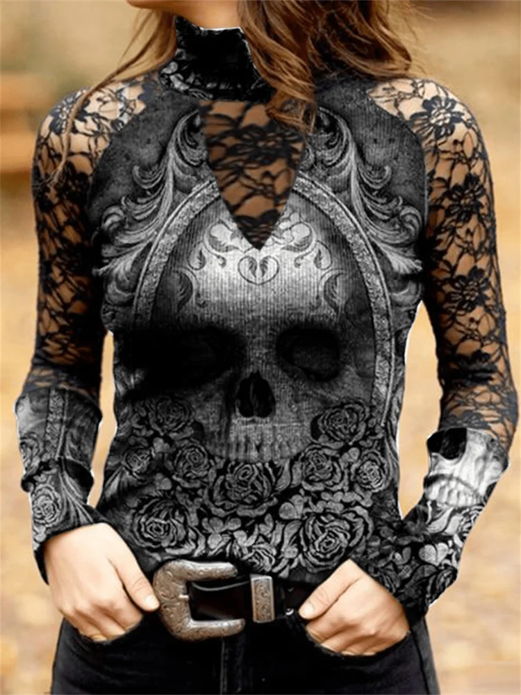 Wearshes Vintage Skull Graphic Lace Patchwork T Shirt
