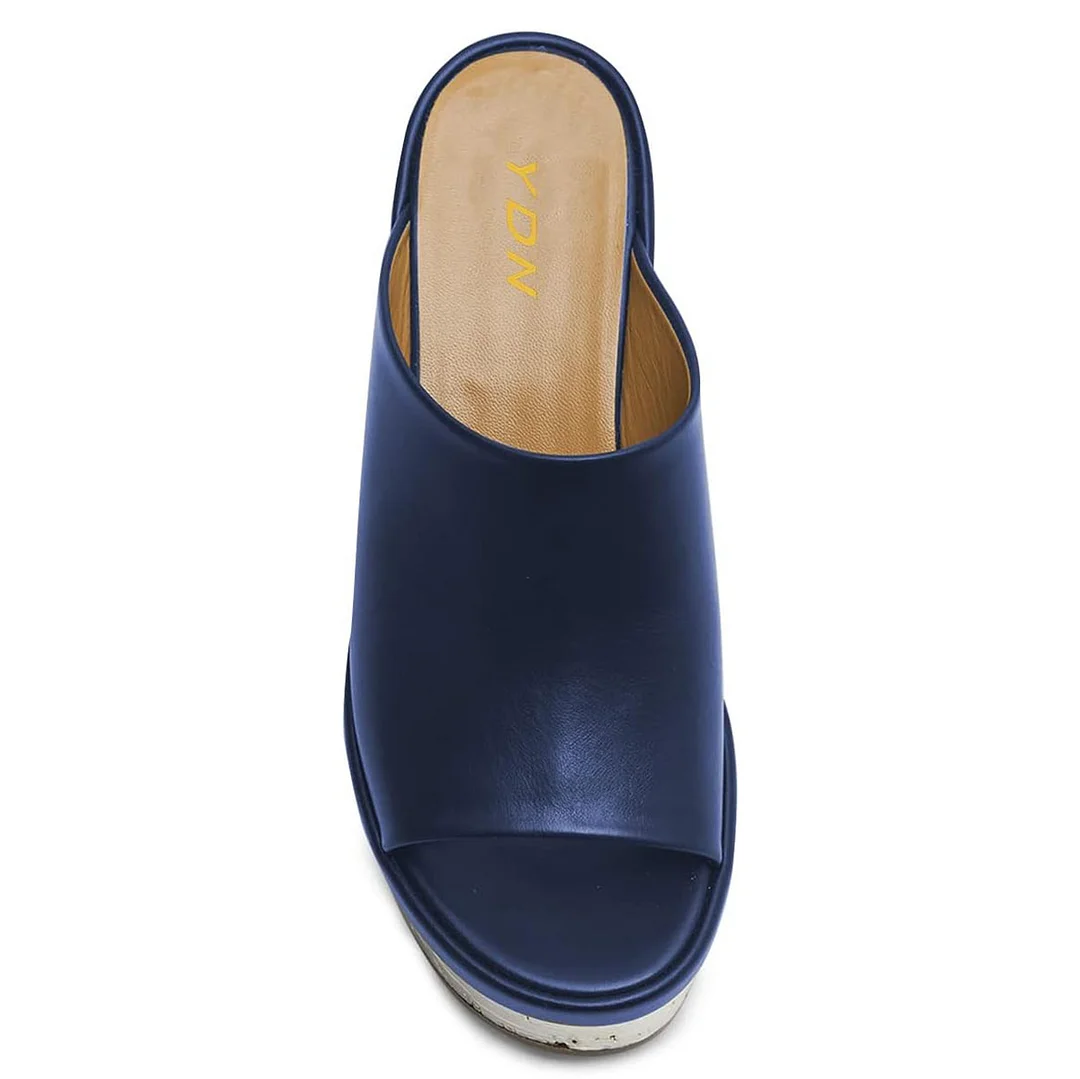 Blue Vegan Leather Round Toe Wide Band Platform Block Heel Mules