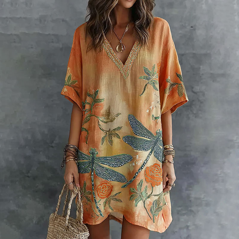 Comstylish Retro Dragonfly And Floral Pattern Linen Mini Dress