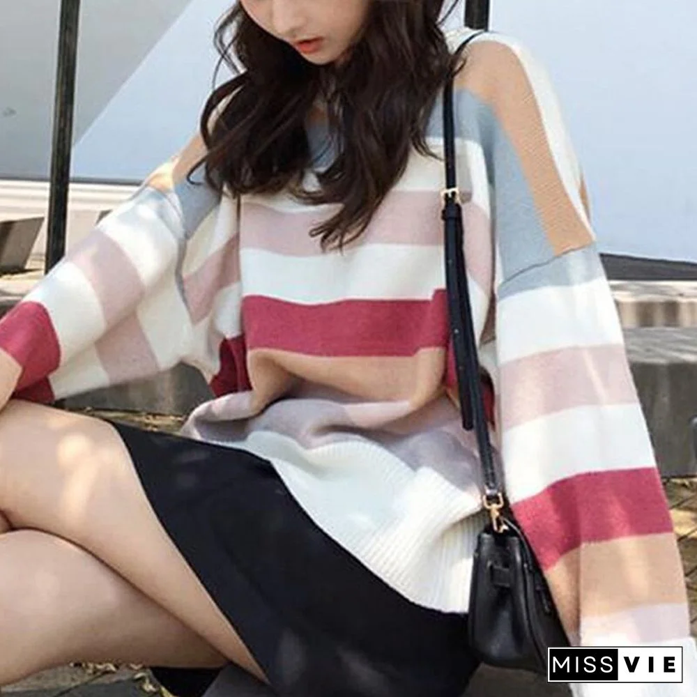 Autumn Design Elegant Stripe Sweater Women Long Sleeves Casual Knitting Sweater Korean Fashion Loose Mujer Pullover New