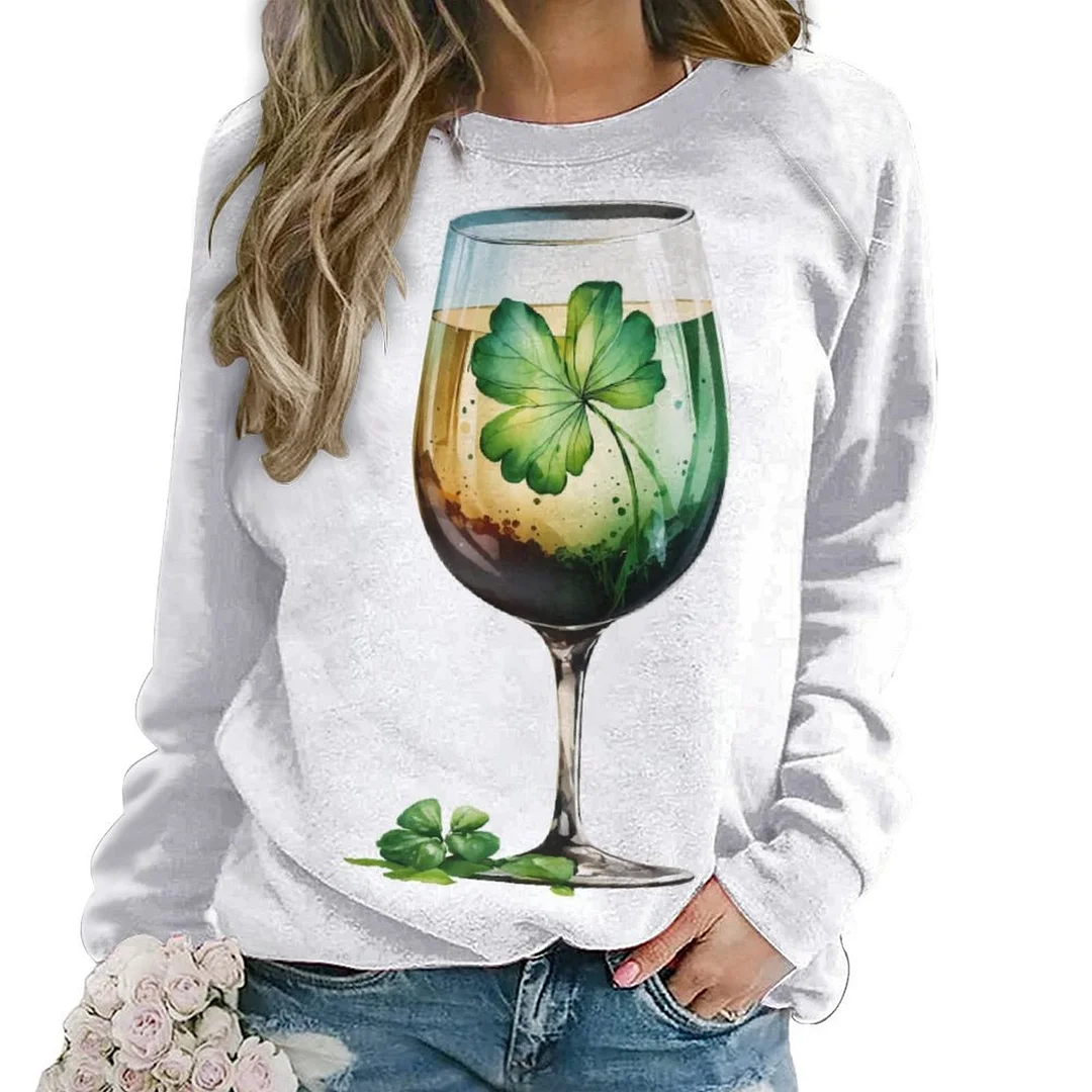 Printed Long Sleeve Casual Sweatshirt for  Women and Men Unisex Pattern St. Patrick's Day, Green, Clover, Lucky