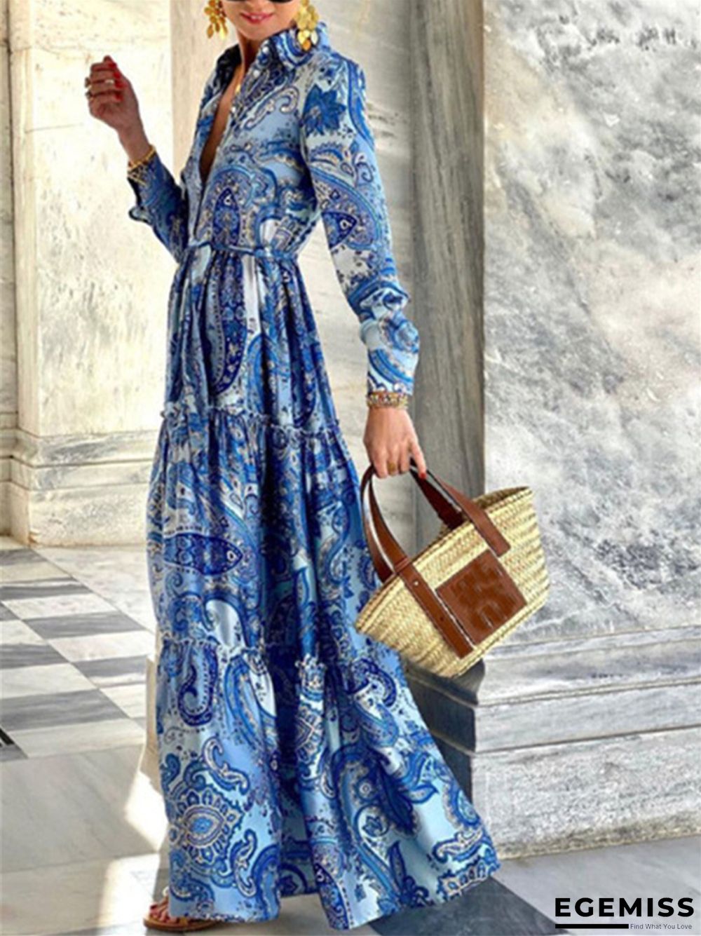 Elegant Long Sleeve Dress Floral Maxi Dresses | EGEMISS