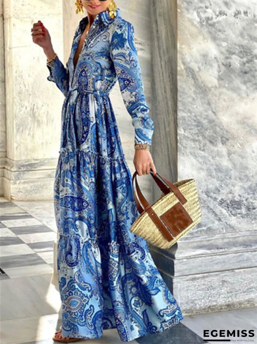 Elegant Long Sleeve Dress Floral Maxi Dresses | EGEMISS